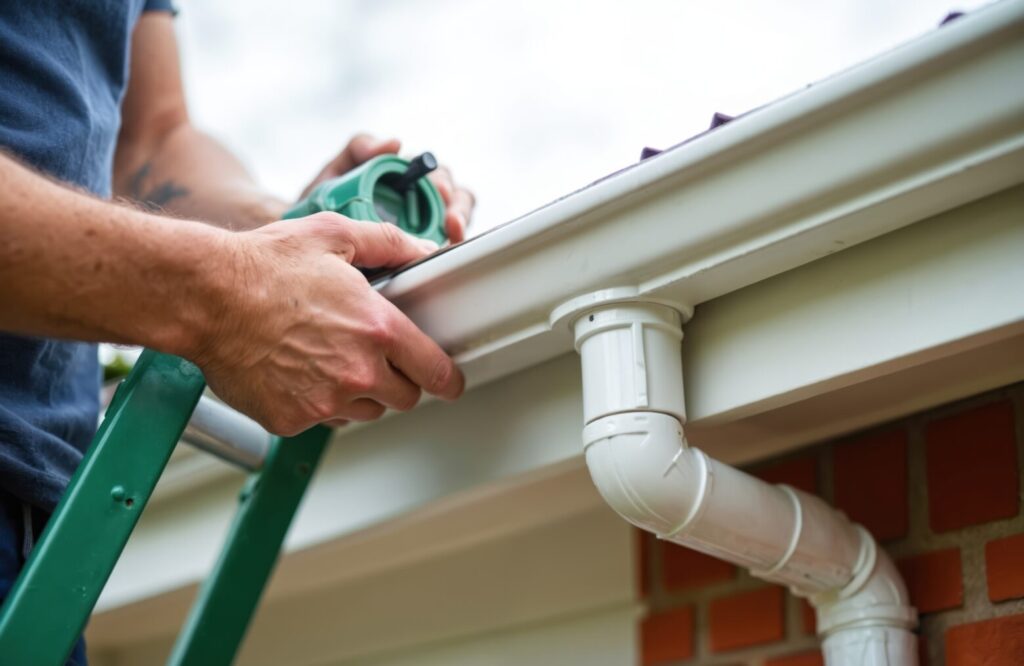 Man installs new white plastic rain gutter system on house. Roofer connecting gutter joints, downspout. Construction renovation, home improvement work. Guttering, roof maintenance.