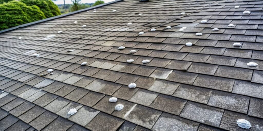 Roof with hail damage and markings from inspection, house, roof, hail damage, inspection, markings, storm, weather, damage
