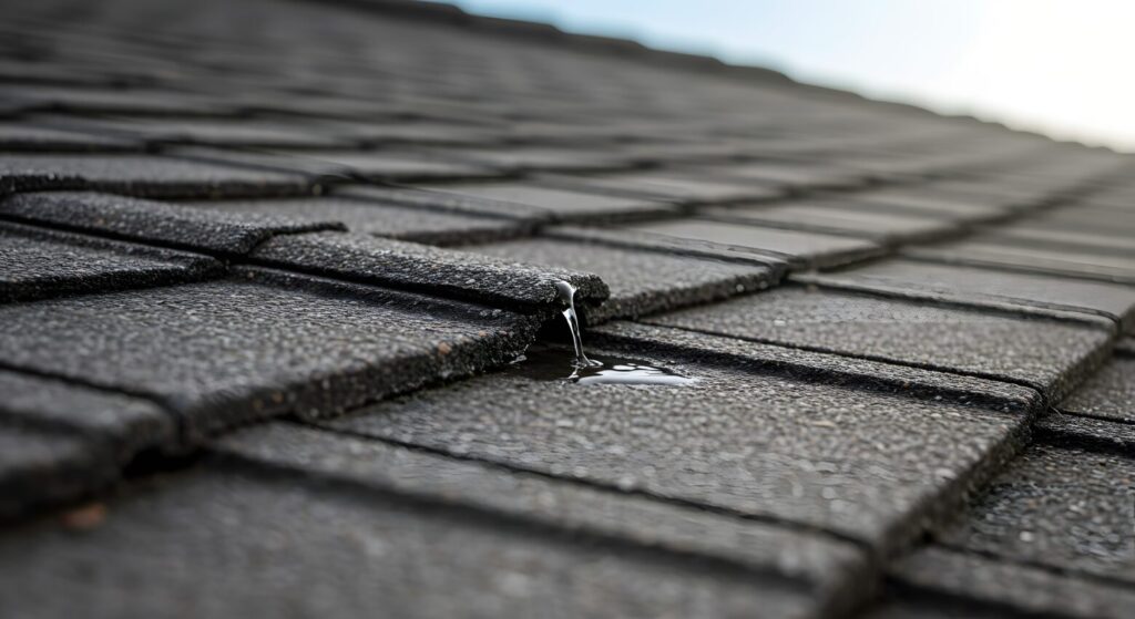 Close-up of dark grey asphalt roof shingles with a lifted section and water.
