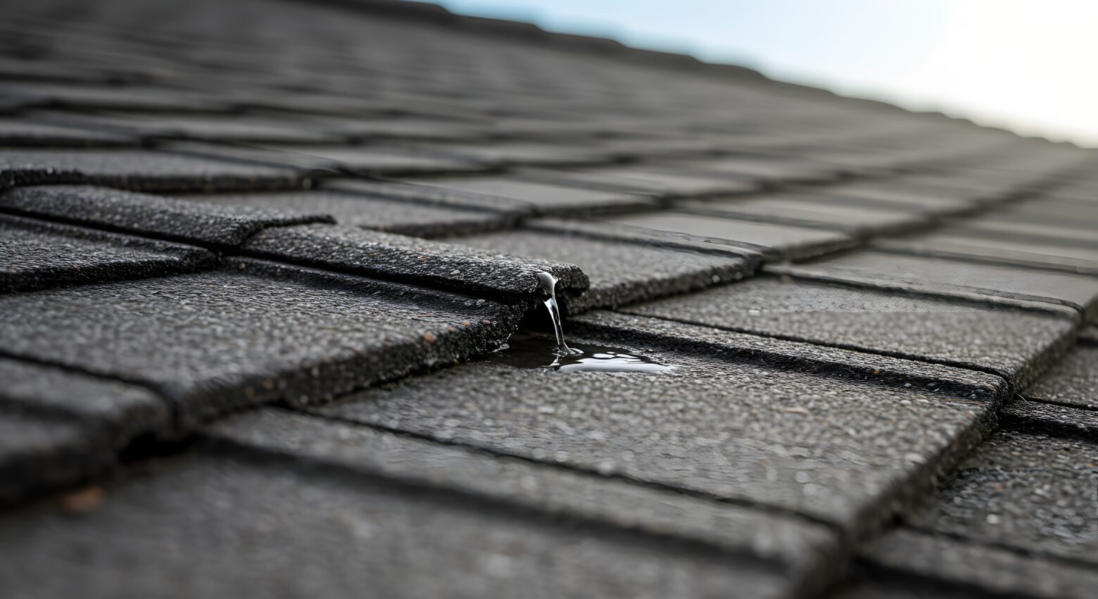 Close-up of dark grey asphalt roof shingles with a lifted section and water.