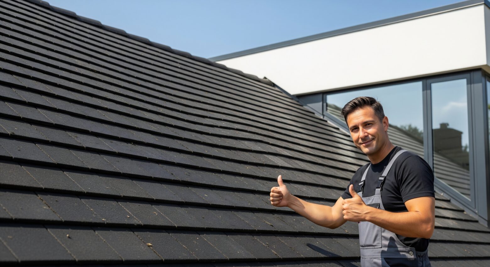 Smiling Roofer Worker Giving Thumbs Up Gesture Against a Modern Tiled Roof and Blue Sky, Signifying Quality Work