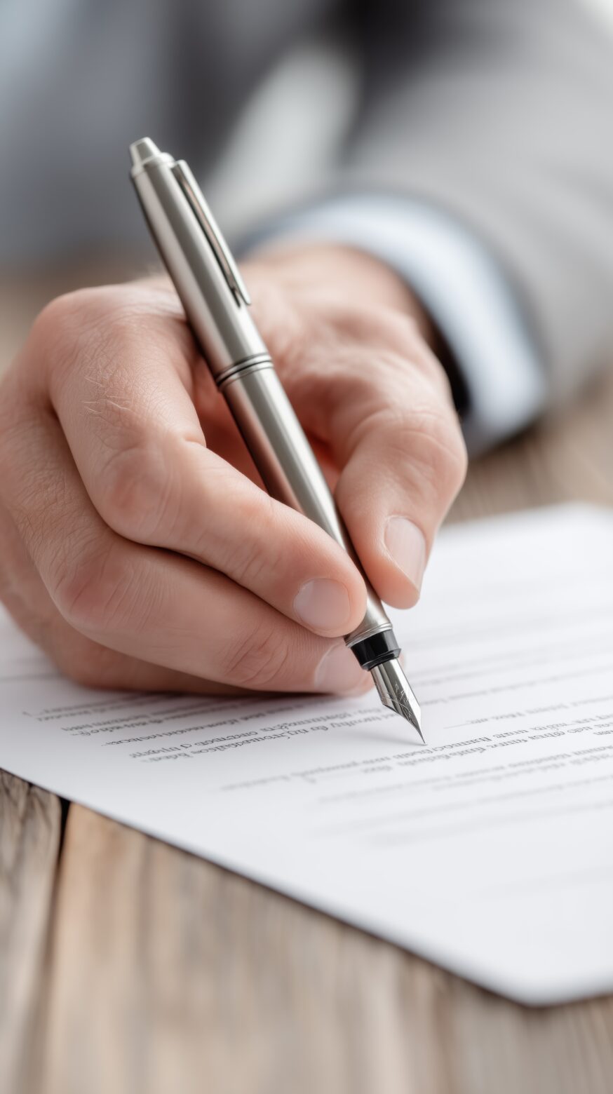 person signing document on desk with pen symbolizing business contract, legal agreement, corporate deal