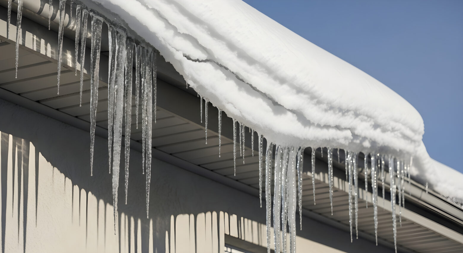 Winter Danger. Large icicles and heavy snow