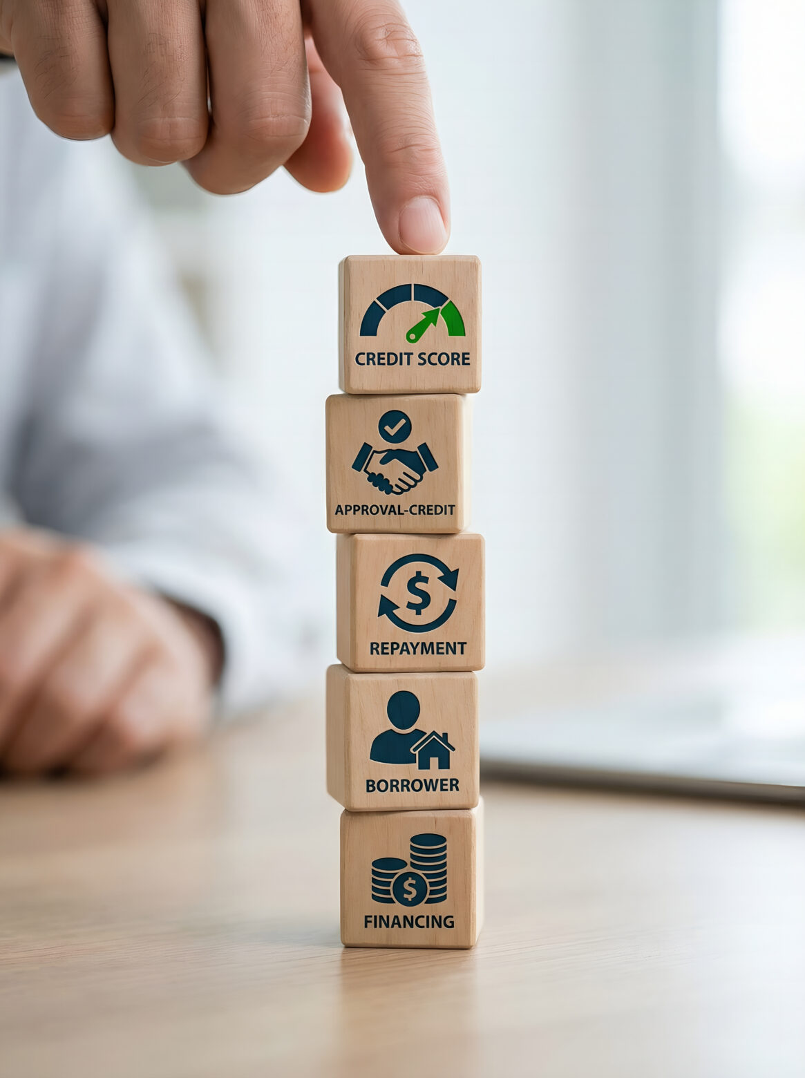 Stack of wooden blocks with icons representing credit score