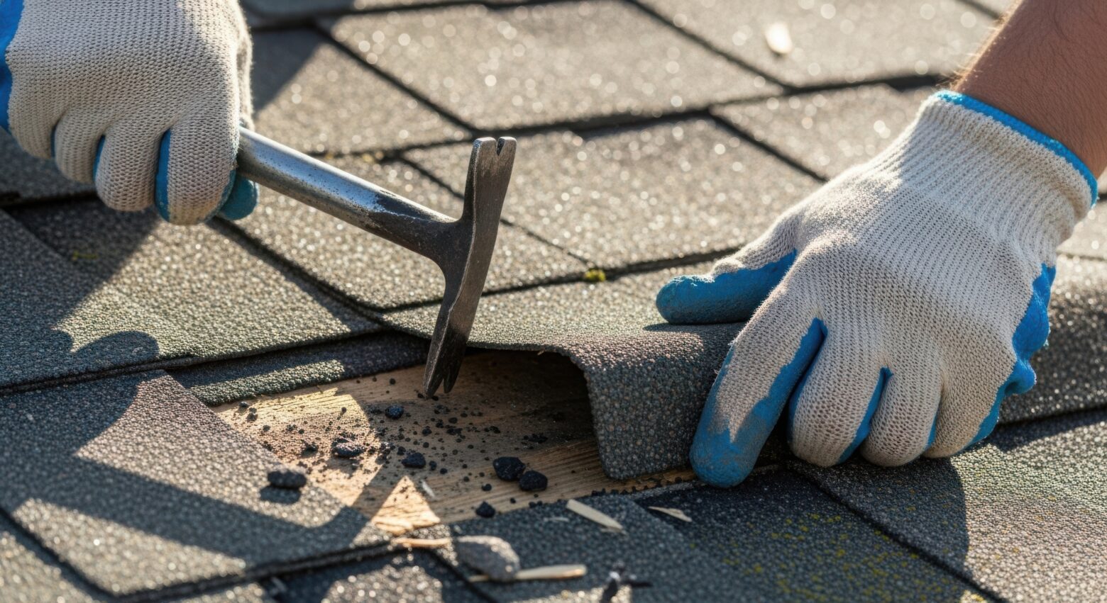 Roof repair process with worker using hammer and gloves