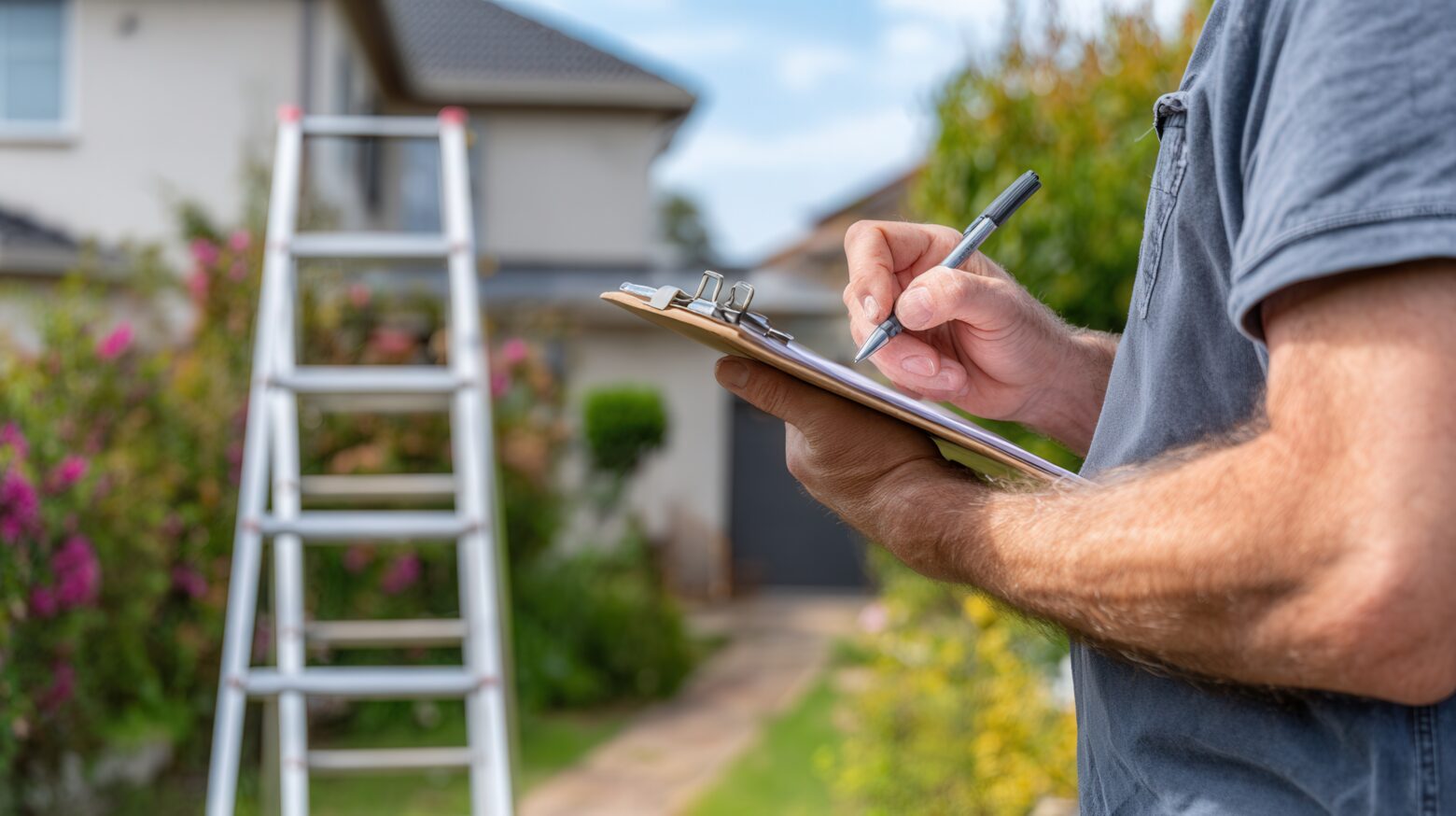 Man holding clipboard beside ladder