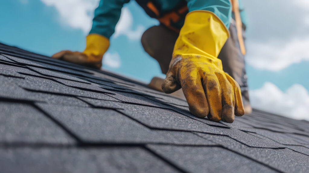 Roofer applying new shingles to a residential roof, surrounded by tools and safety gear