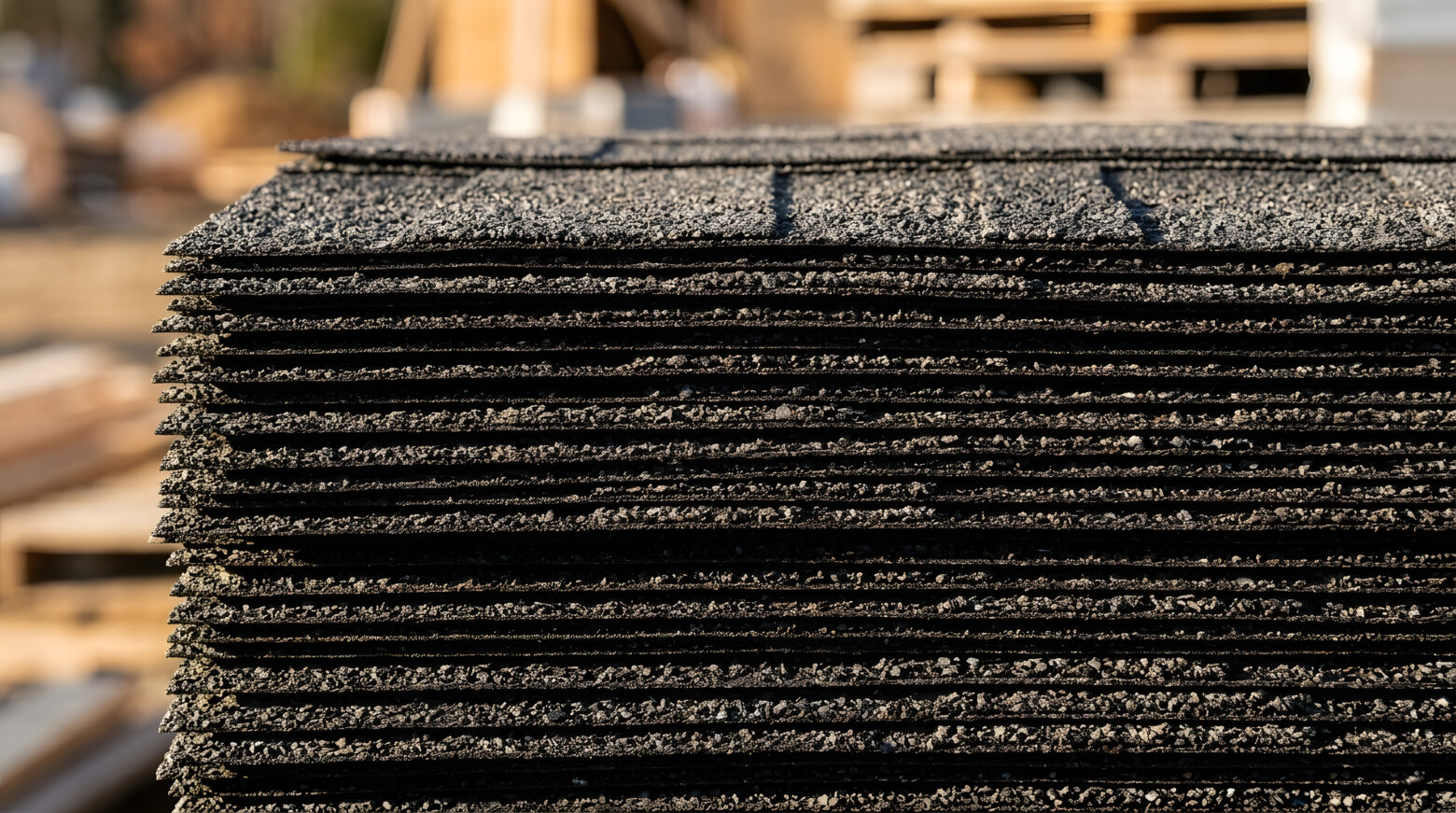 Charcoal gray asphalt roofing shingles stack
