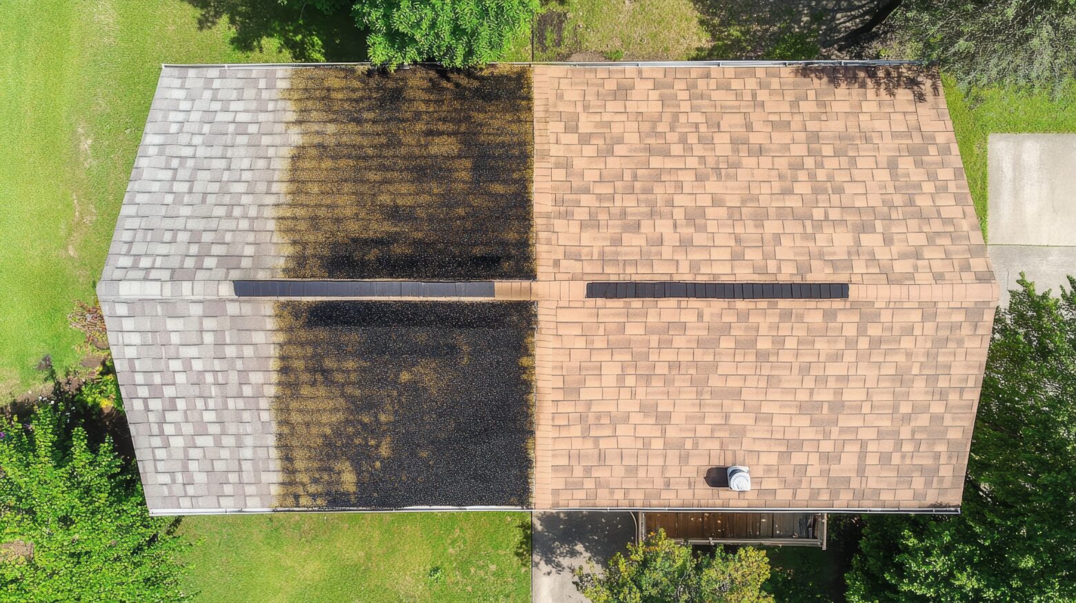 Clean and dirty roof halves comparison from above.