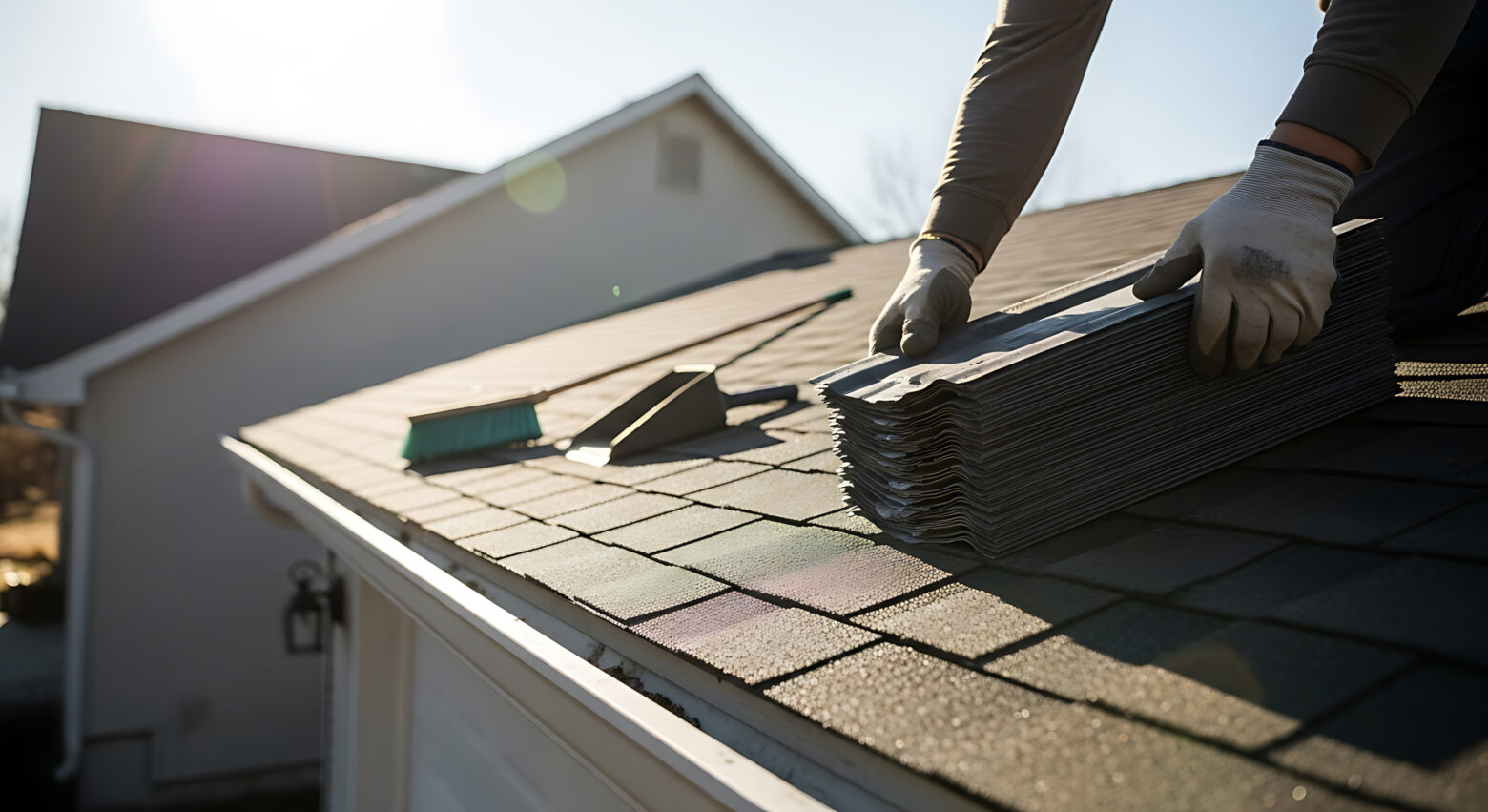 Roofer Installing Asphalt Shingles on Residential Roof