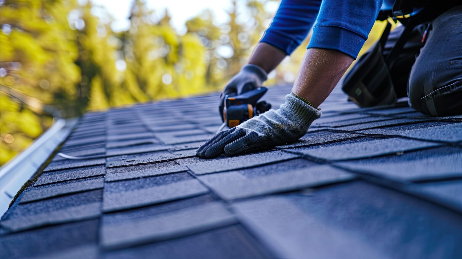 Roofer inspecting and repairing roof.