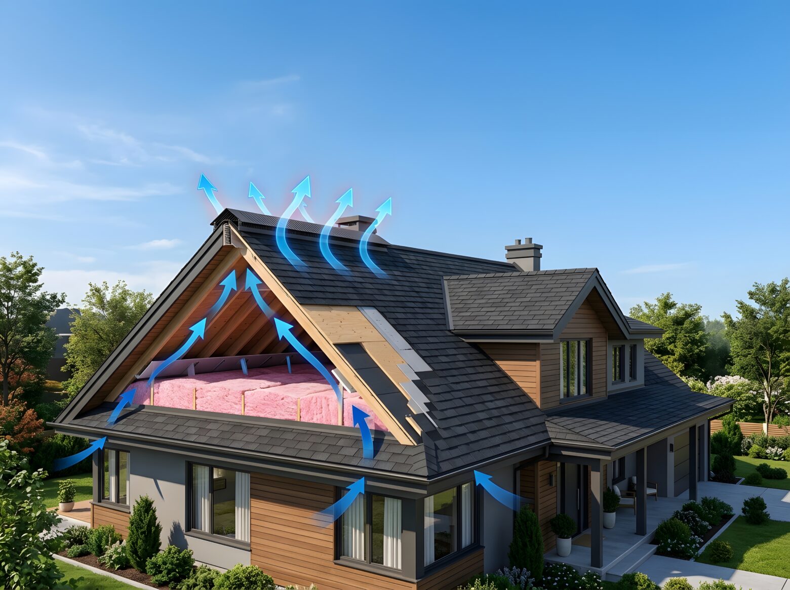 Contemporary home design features integrated attic ventilation system with blue arrows showing exhaust from ridge.
