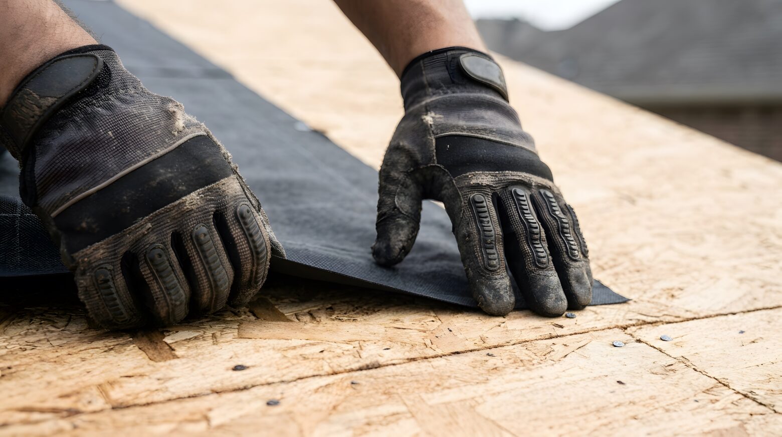 Roofer hands laying down black waterproof underlayment on plywood roof deck