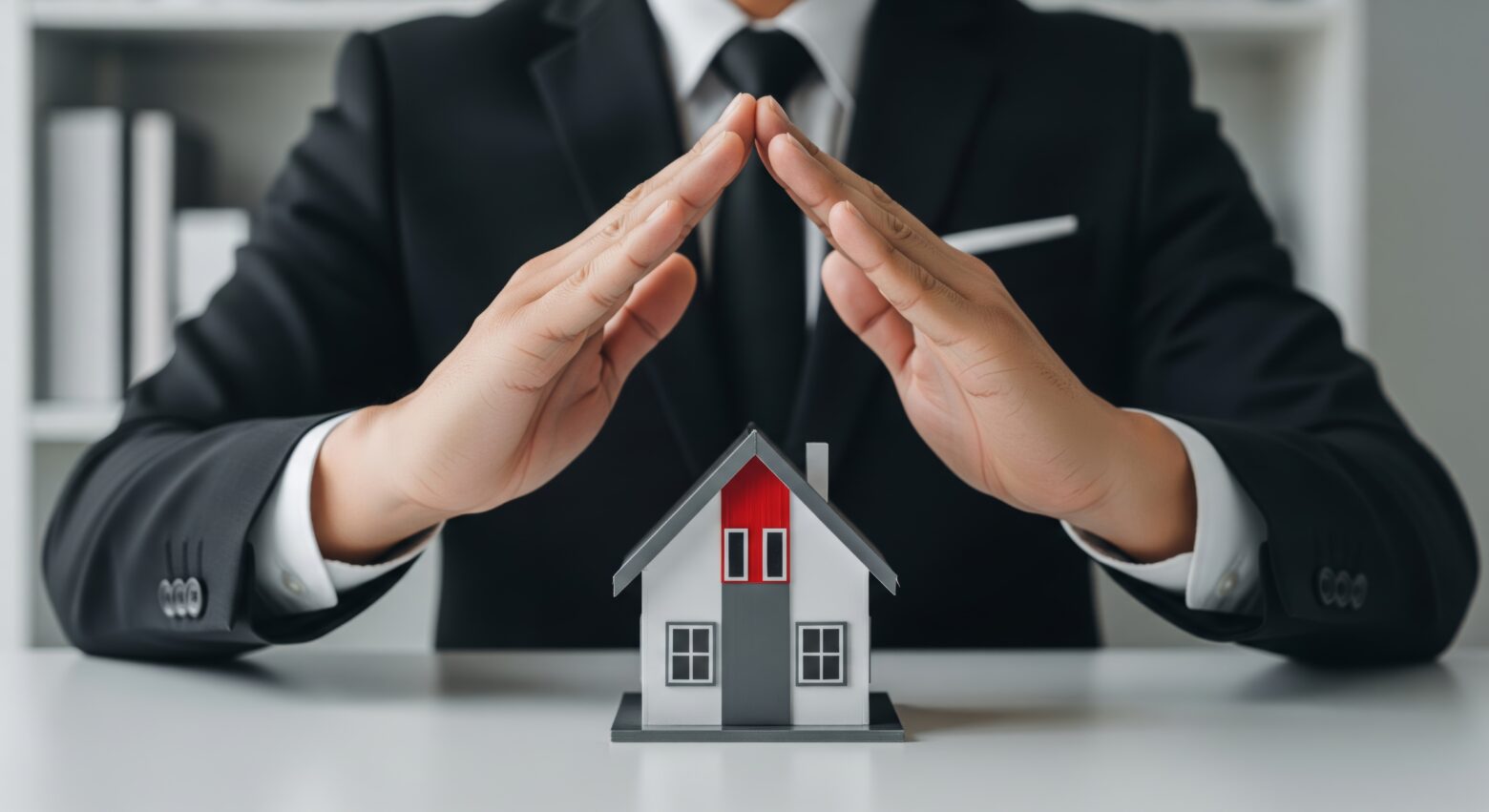 Businessman hands making a protective gesture over a small white house model on a table.